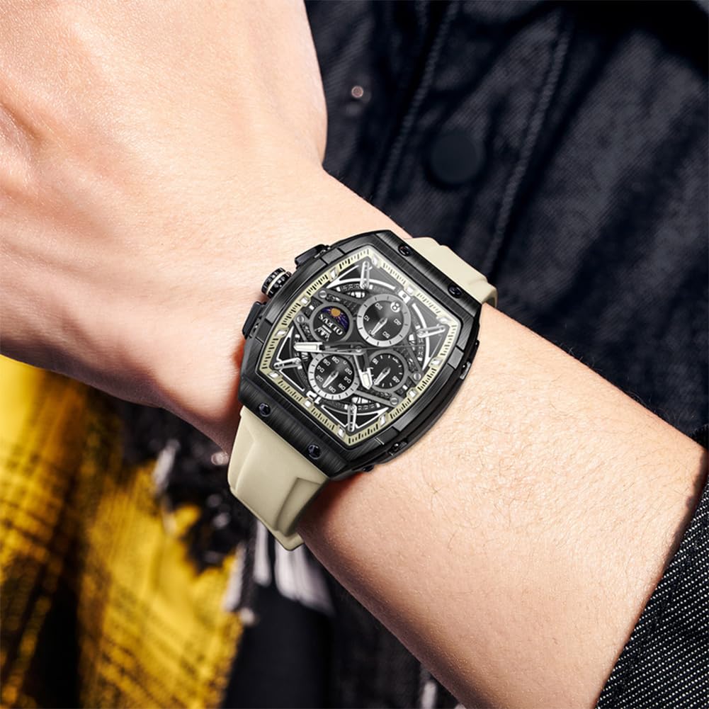 OLEVS Men Wrsit Watches White Luxury Square Watch Chronograph Analog Quartz Moon Phase Watch for Man Relojes De Hombre