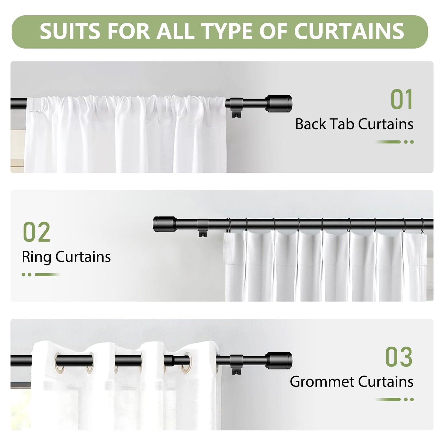5/8” Diameter Curtain Rods 30-90 Inch, for 30-84 Inch Windows, Adjustable Splicing Black Curtain Rods for Windows with Brackets, Window Rod Long Small Curtains Rod, 2 Pack