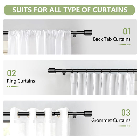 5/8” Diameter Curtain Rods 30-90 Inch, for 30-84 Inch Windows, Adjustable Splicing Black Curtain Rods for Windows with Brackets, Window Rod Long Small Curtains Rod, 2 Pack