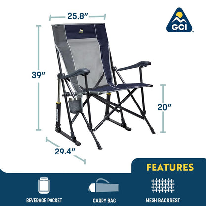 GCI OUTDOOR RoadTrip Rocker Camping Chair | Portable, Folding Rocking Chair with Solid, Durable Armrests, Drink Holder & Comfortable Extended Backrest — Indigo Blue