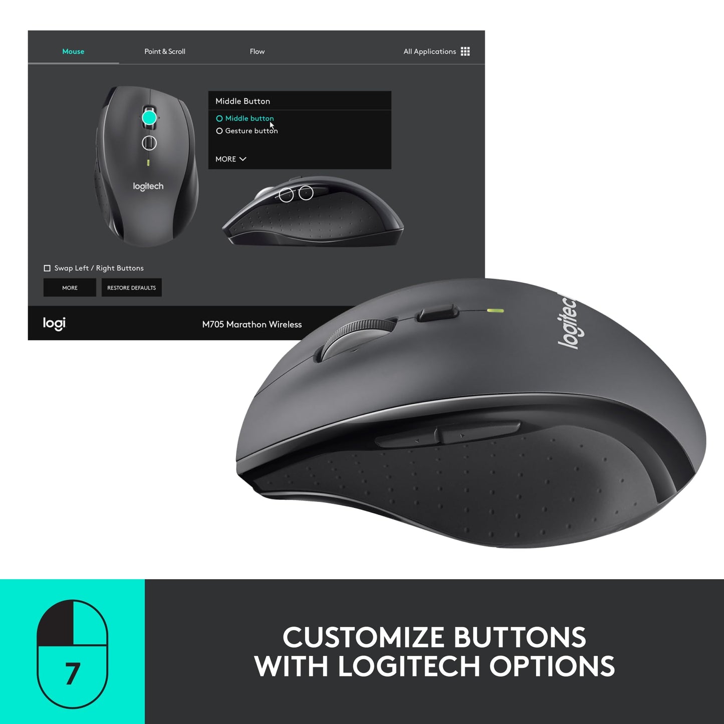 Logitech M705 Marathon Wireless Mouse, Gaming Mouse Wireless, 2.4 GHz USB-A Receiver, 5-Programmable Buttons, 3-Year Battery, PC, Mac, Laptop, Chromebook - Black