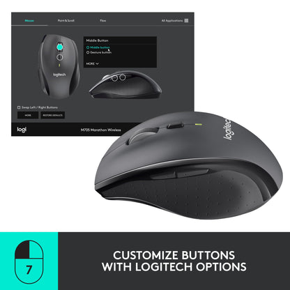 Logitech M705 Marathon Wireless Mouse, Gaming Mouse Wireless, 2.4 GHz USB-A Receiver, 5-Programmable Buttons, 3-Year Battery, PC, Mac, Laptop, Chromebook - Black