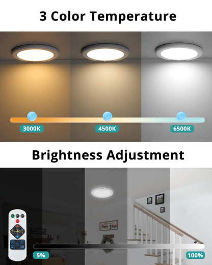 wowatt Battery Operated Ceiling Light Rechargeable Ceiling Lights with Remote Wireless Shower Lighting 3000K 4500K 6500K 7.48in Dimmable Timing Overhead Light for Closet Shower Living Room