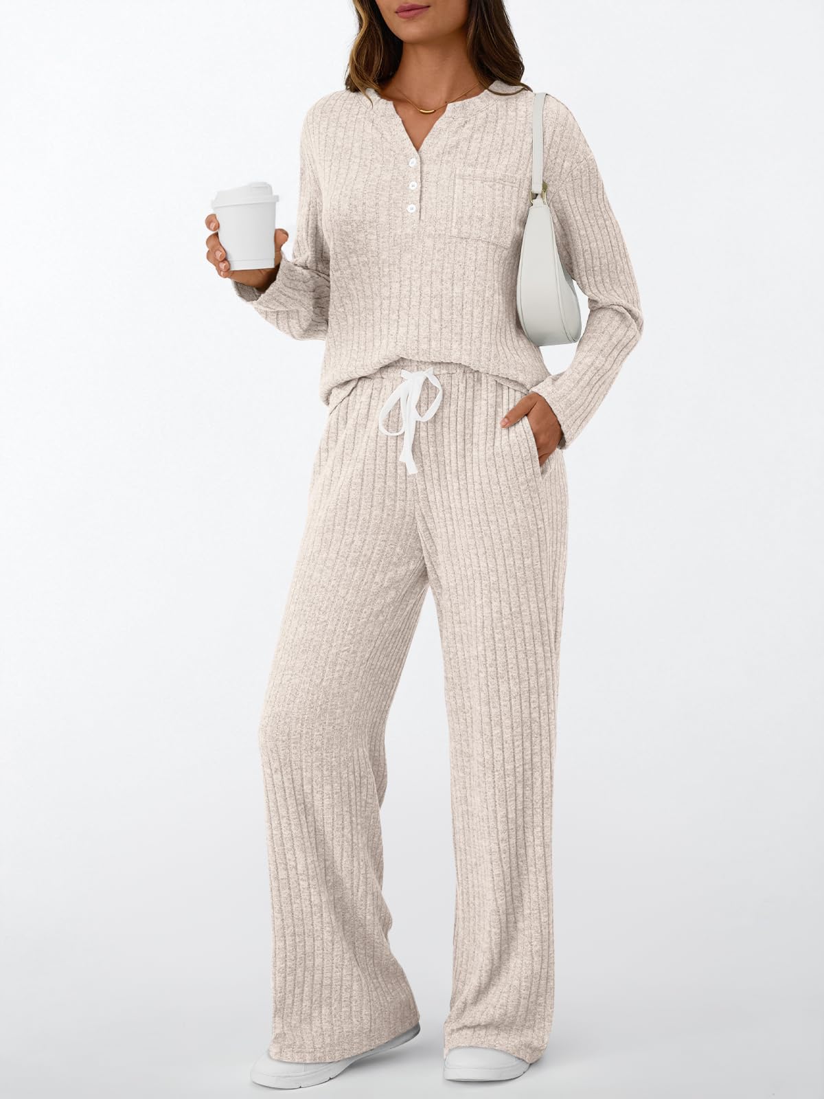 LILLUSORY Womens 2 Piece Lounge Sets Matching Airport Travel Outfits 2026 Spring Clothing Fall Pajamas Sweat Suits Pockets Apricot M