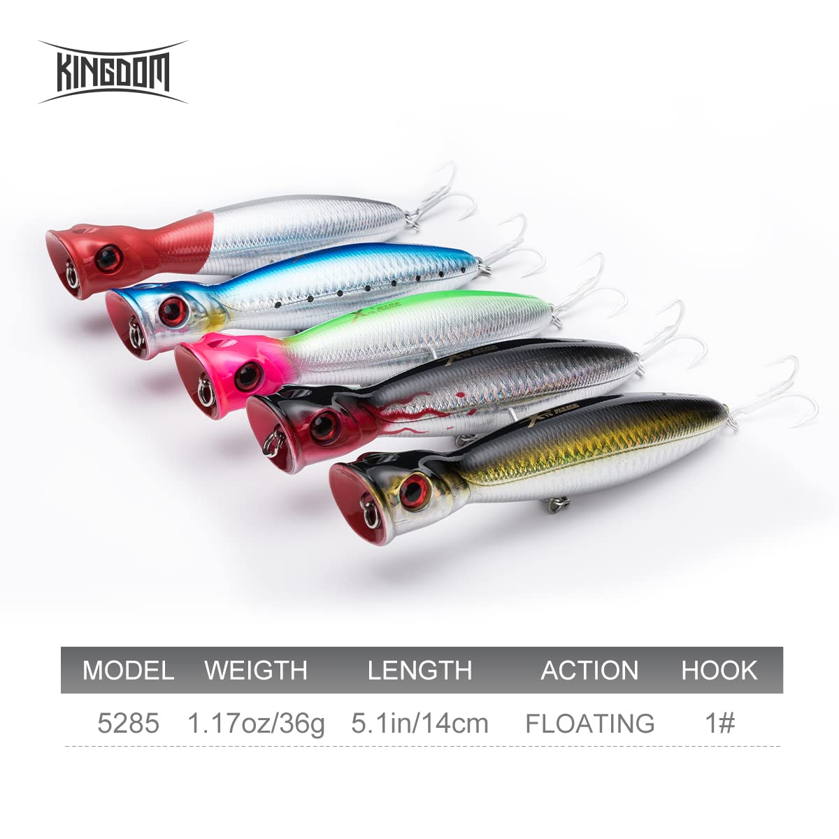 Kingdom Floating Lure Hard Baits Topwater Popper Swimbait Bass Crankbaits for Freshwater and Saltwater(Total 5 Set/180g, Every Set: 5.11in,1.26oz,130mm)