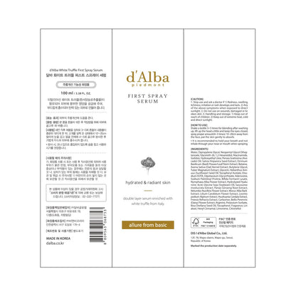 d'alba Piedmont Italian White Truffle First Spray Serum, Vegan Skin Care, Light-weight Face Moisturizer, Glow Serum for Radiant Skin, Non Comedogenic, All In One Mist, Korean Skin Care (3.38 fl oz.)