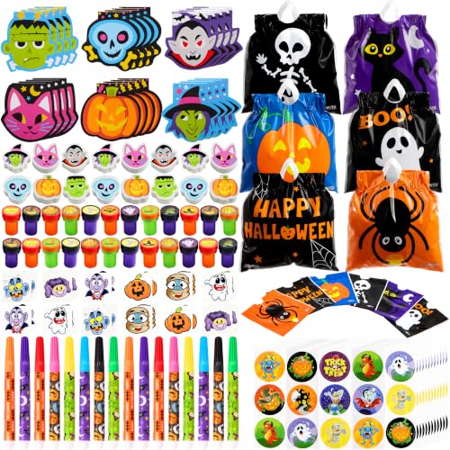JOYIN 168 Pcs 24 Pack Assorted Halloween Art and Craft Stationery Kids Gift Set Trick or Treat Party Favor Toy Including Halloween Bag, Notepads, Stamps, Coloring Marker, Stickers and Temporary Tattoo