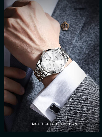 OLEVS Watch for Men Diamond Business Dress Analog Quartz Stainless Steel Waterproof Luminous Date Two Tone Luxury Casual Wrist Watch Silver Mens