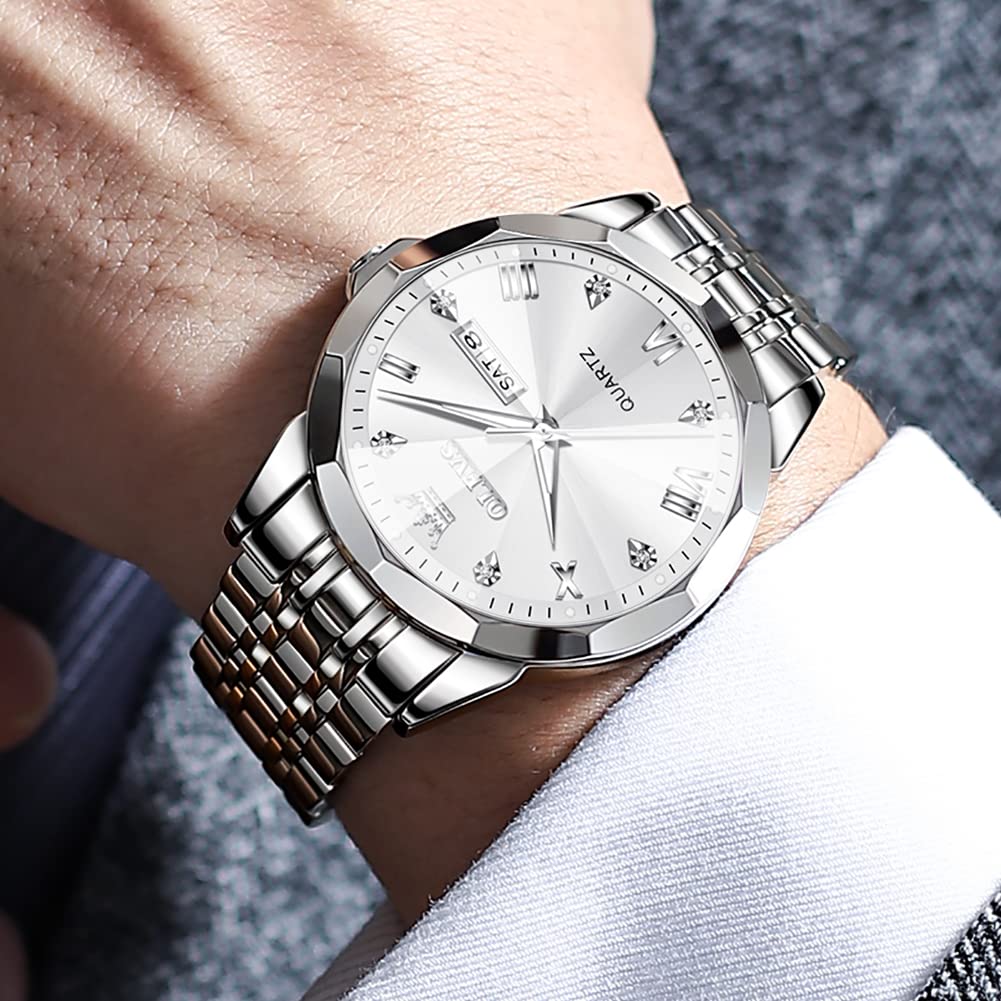 OLEVS Watch for Men Diamond Business Dress Analog Quartz Stainless Steel Waterproof Luminous Date Two Tone Luxury Casual Wrist Watch Silver Mens