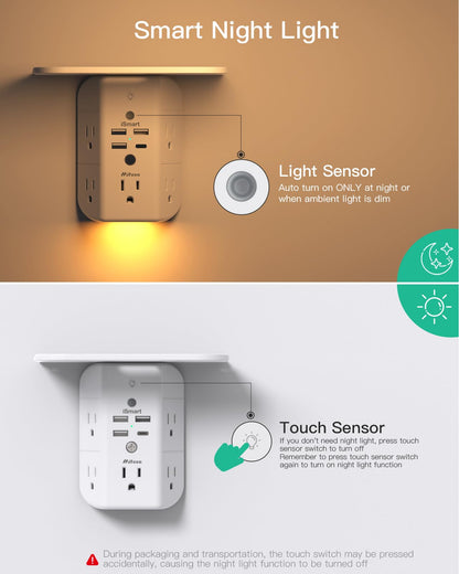Mifaso 3-Sided Multi Plug Power Strip, Wall Extender with Shelf, Night Light & Surge Protector, USB Wall Charger with 5 AC Wide Space Outlets and 3 USB & 1 C Port, White