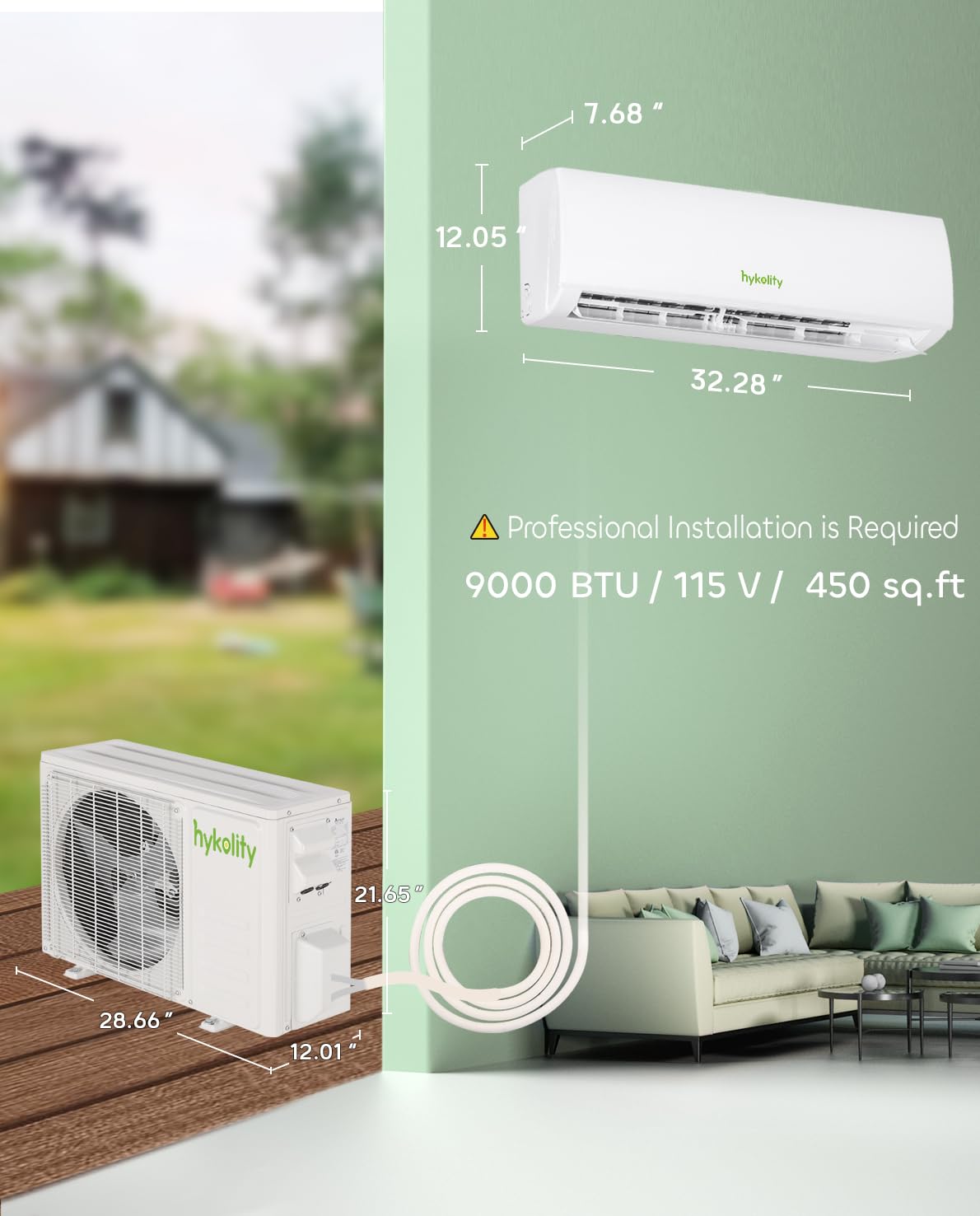 Wifi Enabled 9,000 BTU Mini Split Air Conditioner & Heater, 19 SEER2 115V Split AC Unit Ductless Inverter System with Heat Pump, Installation Kits - Cools Rooms up to 450 Sq.Ft