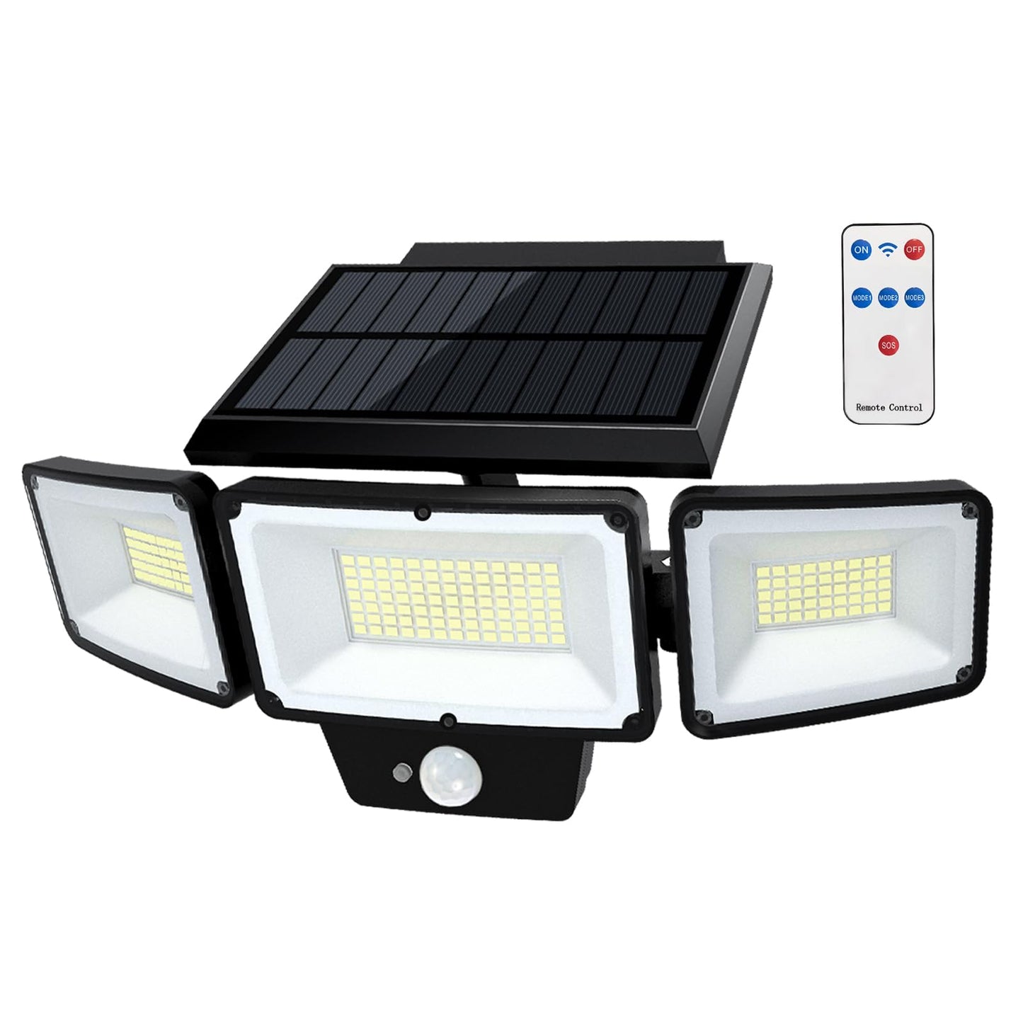 Solar Outdoor Lights with Remote Control, Motion Sensor, 3 Modes, 3 Heads LED Security Lights, IP65 Waterproof, Wide Angle