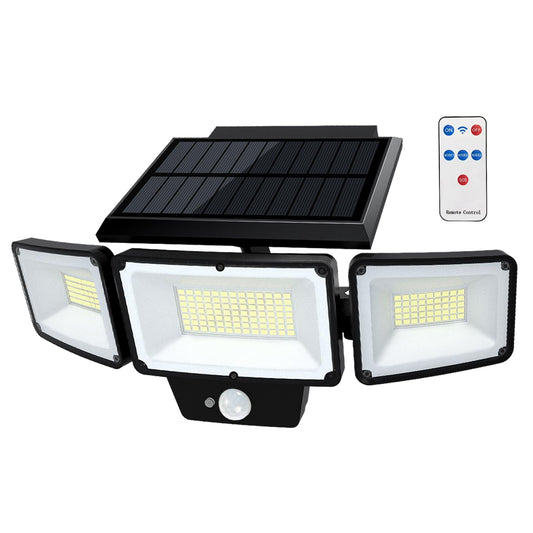 Solar Outdoor Lights with Remote Control, Motion Sensor, 3 Modes, 3 Heads LED Security Lights, IP65 Waterproof, Wide Angle