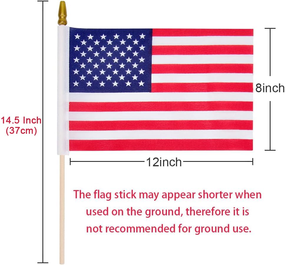 12 Pcs 8x12 Inch American Flags on Stick, Small USA Wood Stick Flags with Kid-Safe Spear Top, American Flags for Outside, Memorial Day Decorations, 4th of July Decorations, Veterans Day Decorations