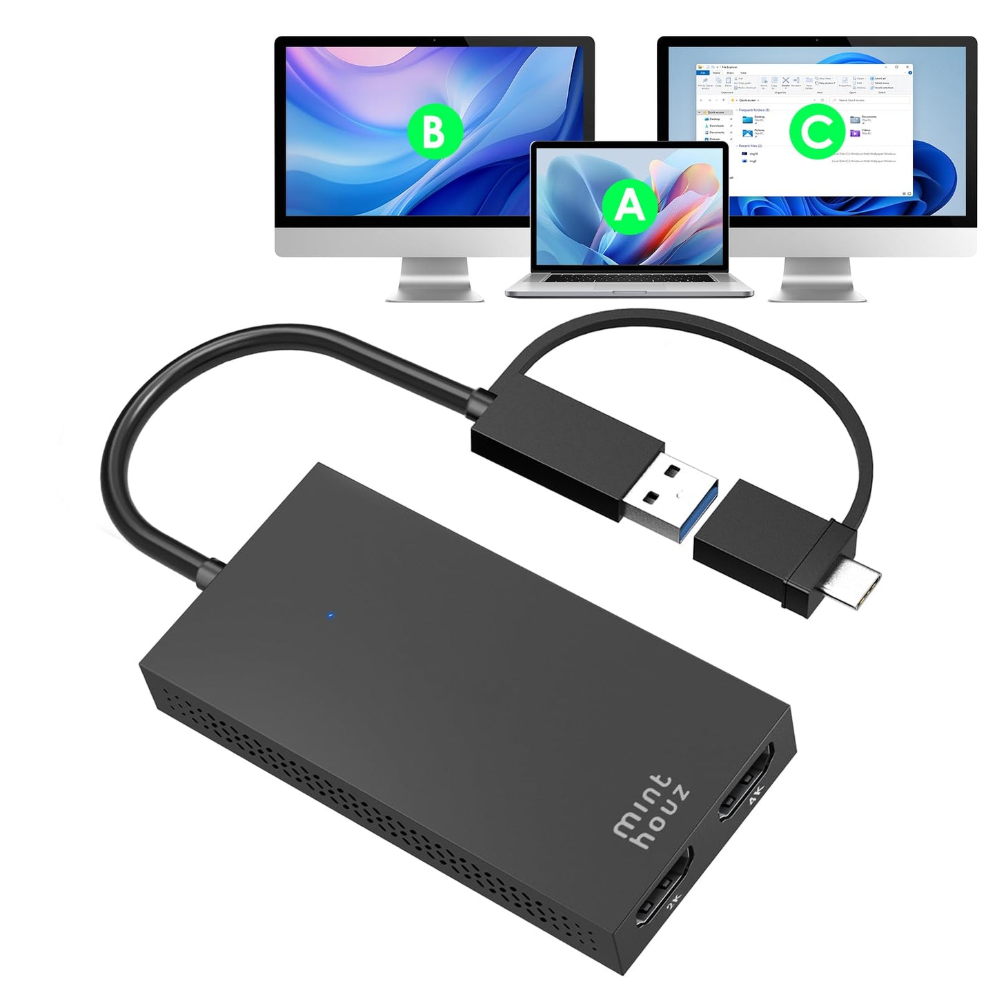 HDMI Splitter for Dual Monitors, Universal Video Graphics Adapter for Thunderbolt 5/4/3, USB 4, USB-A/C, Mac and Windows, USB-C to 4K@30Hz &1080p@60Hz HDMI Extender for Windows & MacBook M1/M2/M3/M4