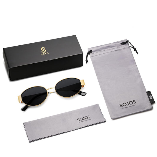 SOJOS Retro Oval Sunglasses for Women Trendy Classic Shades UV400 Protection, Gold/Grey