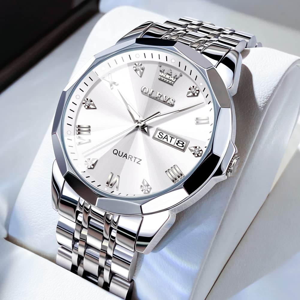 OLEVS Watch for Men Diamond Business Dress Analog Quartz Stainless Steel Waterproof Luminous Date Two Tone Luxury Casual Wrist Watch Silver Mens