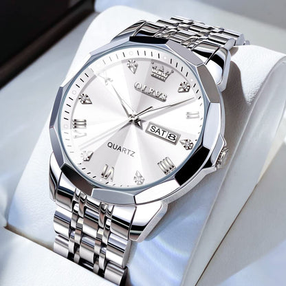 OLEVS Watch for Men Diamond Business Dress Analog Quartz Stainless Steel Waterproof Luminous Date Two Tone Luxury Casual Wrist Watch Silver Mens