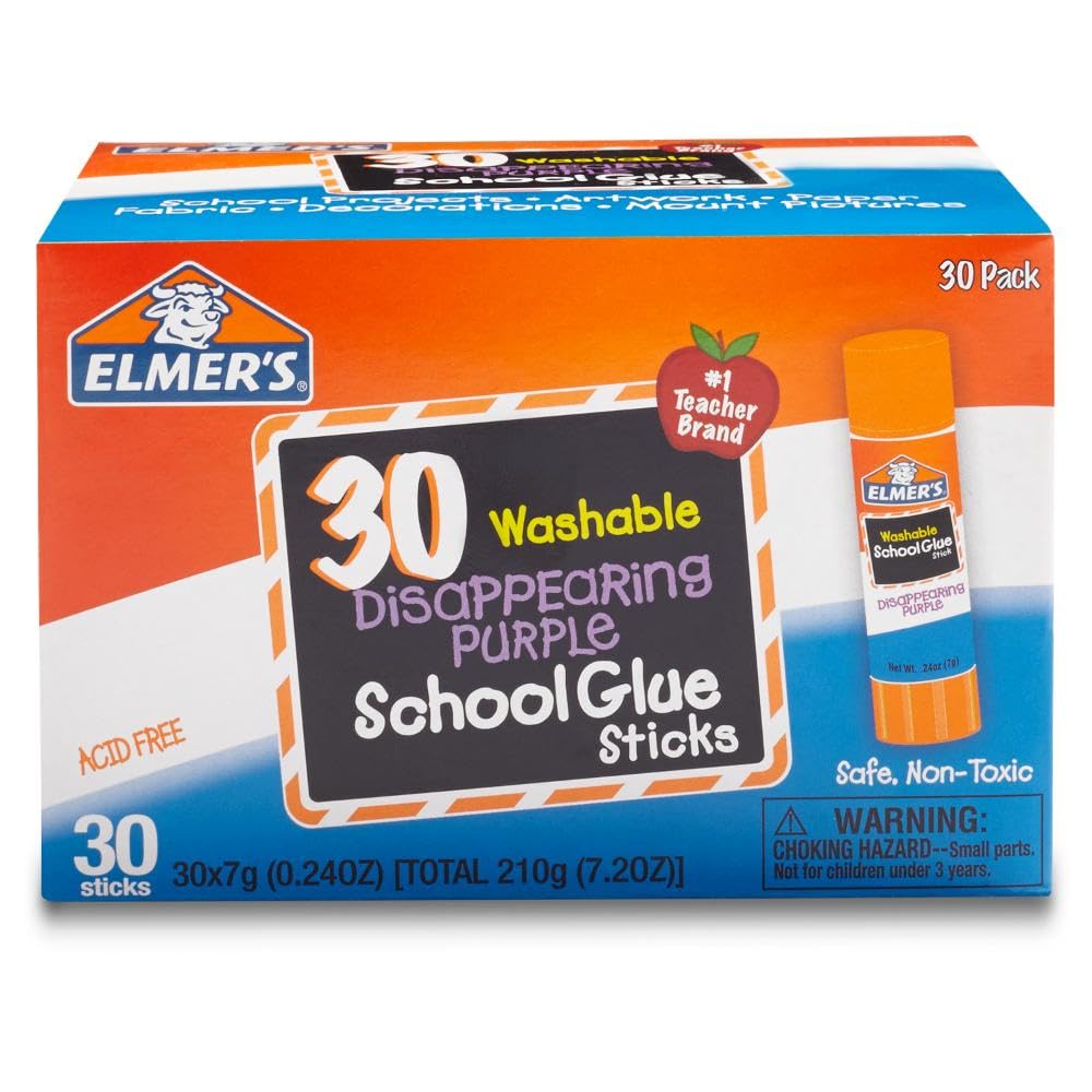 Elmer's Disappearing Purple School Glue Sticks, Washable, 7 Grams, 30 Count - Poster, Vision Board, Back to School, Bulk Pack for Classrooms, #1 Teacher Brand