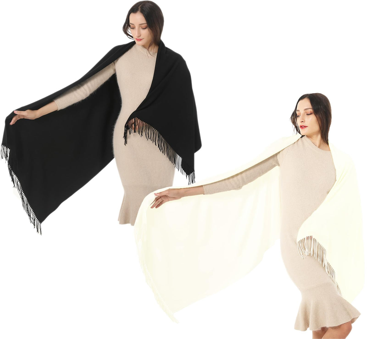 TwoYek 2 Pack Women's Scarf Pashmina Shawls and Wraps for Evening Dress Wedding Bridesmaid Bridal Winter Warm Large Soft Silky Scarves Gfit for Women Black and Cream