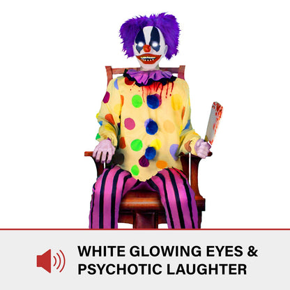 Haunted Hill Farm Motion-Activated Thrashing Clown with a Meat Cleaver by Tekky, Sitting Halloween Animatronic for Indoor or Covered Outdoor Creepy Halloween Decorations, Plug-in or Battery Operated