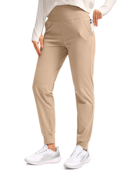 SANTINY Women's Fleece Lined Joggers Water Resistant High Waisted Thermal Sweatpants Winter Pants Hiking Running Pockets(Light Khaki_S)