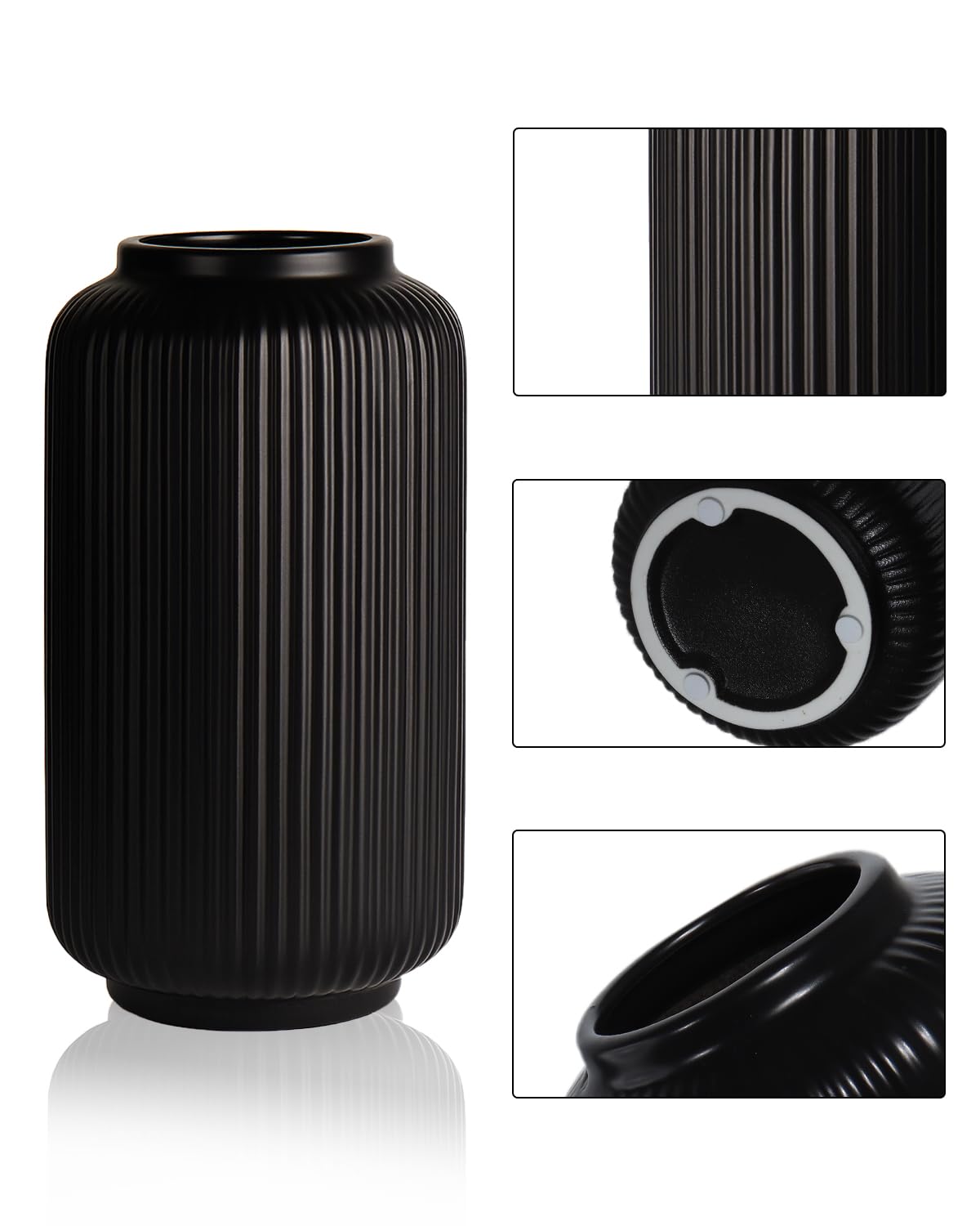 Black Ceramic Flower Vase, 8 Inch Ribbed Vase for Pampas Grass, Fresh or Dried Flowers, Decorative Centerpiece for Living Room, Kitchen, Bookshelf, Office Decor