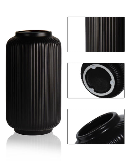 Black Ceramic Flower Vase, 8 Inch Ribbed Vase for Pampas Grass, Fresh or Dried Flowers, Decorative Centerpiece for Living Room, Kitchen, Bookshelf, Office Decor