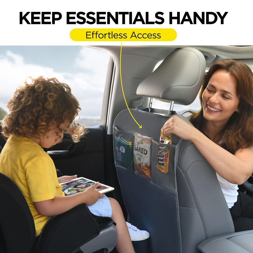 lebogner Back Seat Cover for Kids + 3 Pocket Storage Organizer, 2 Pack X-Large Multifunctional Kick Mats Backseat Protector, Car Seat Back Protectors for Vehicles to Protect from Dirt & Scuffs, Grey