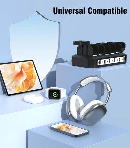 Charging Station for Multiple Devices: 6 Port USB Charger Stations - Family Multi-Device Organizer Charging Dock - Safer Designed for iPhone iPad Android Cell Phone Tablet(6 Cables Included)