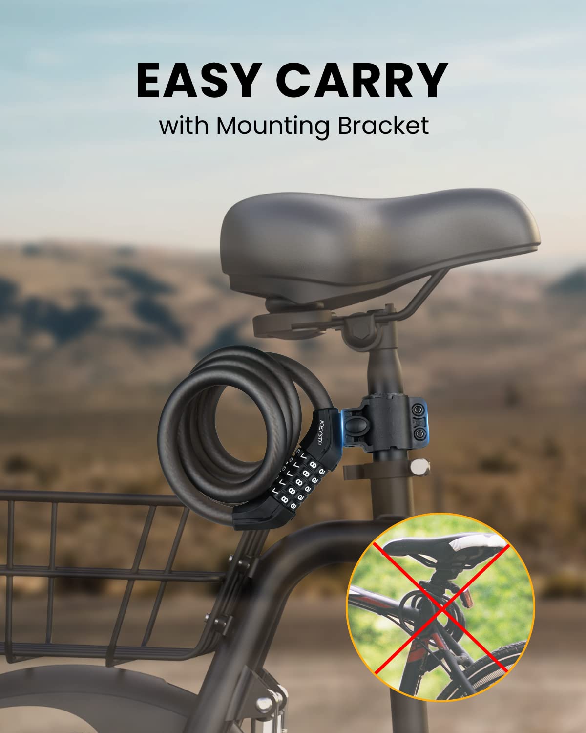 KEYSTP 5-Digit Bike Lock Cable, Heavy Duty Resettable Combination Bicycle Lock, Anti-Theft with Mounting Bracket, Waterproof Steel Cable for Scooters, E-Bikes, Outdoor Use, Black