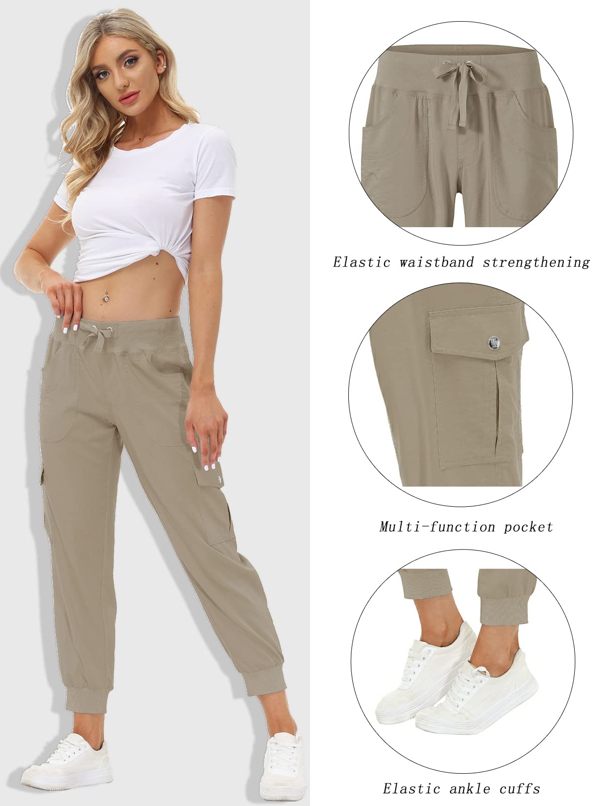 MoFiz Women's Cargo Pants Hiking Joggers Summer Lightweight Quick Dry Athletic Outdoor Sports Sweatpants Travel Casual Button Pockets Khaki M