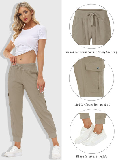 MoFiz Women's Cargo Pants Hiking Joggers Summer Lightweight Quick Dry Athletic Outdoor Sports Sweatpants Travel Casual Button Pockets Khaki M