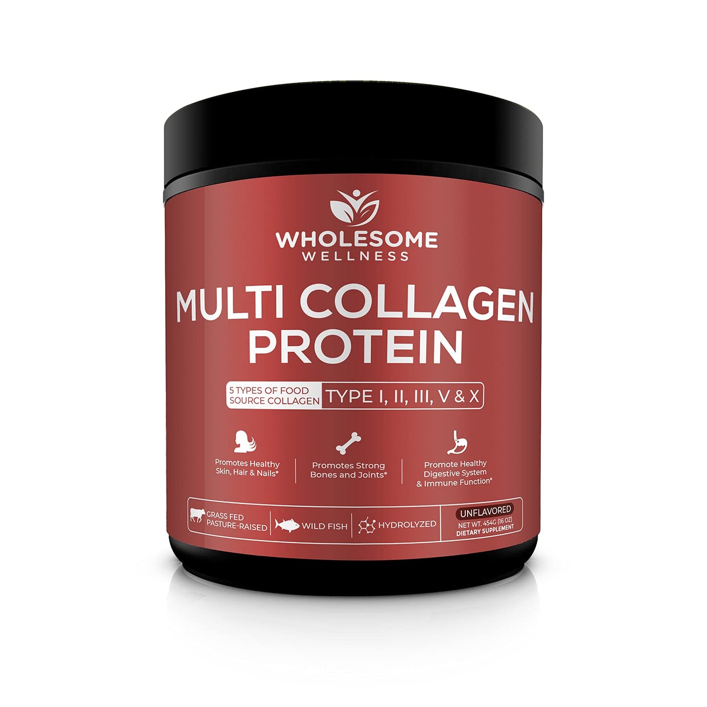 Wholesome Wellness Multi Collagen Protein Powder Hydrolyzed (Type I II III V X) Grass-Fed All-in-One Super Bone Broth + Peptides - Premium Blend of Beef, Chicken, Wild Fish, Eggshell, 58 Servings
