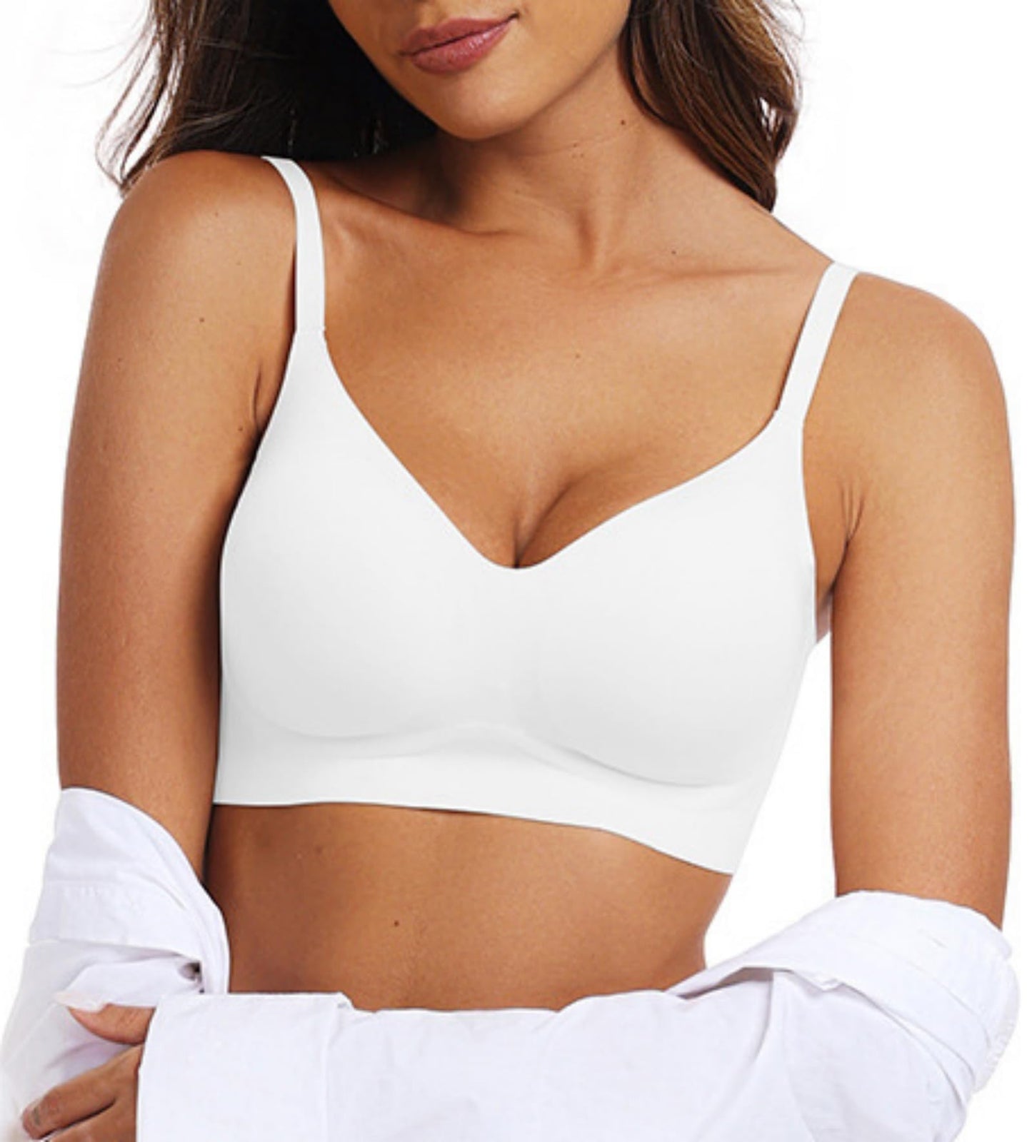 OEAK Womens Seamless Bra Push Up V Neck Bralettes Adjustable Wireless Padded Comfort Bras Adjustable Basic Everyday Bras White L