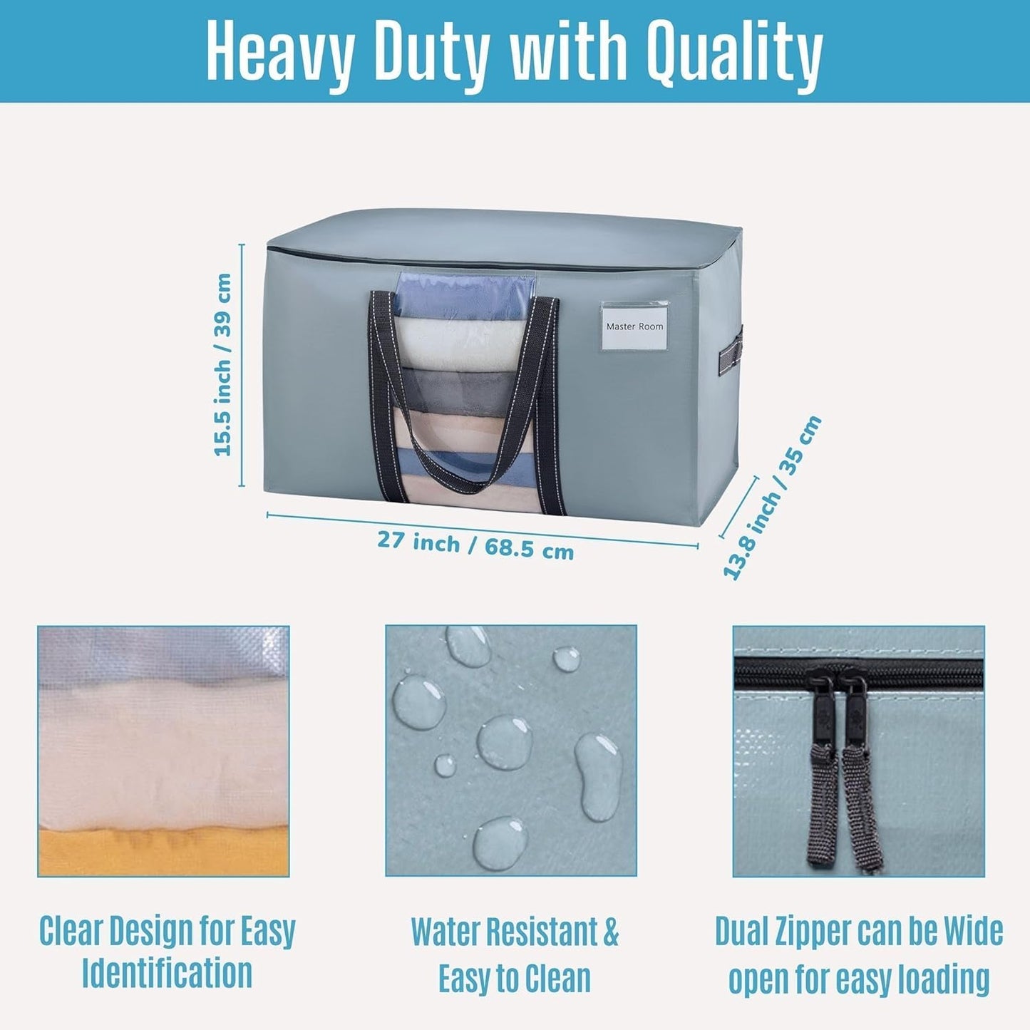 VENO 4 Pack Moving Bags, Moving Supplies, Moving Boxes, College Packing Storage Boxes with Lids Alternative, Heavy Duty Totes, Extra Large, Sturdy Handles, Zipper (Light Blue with Window, 4 Pack)