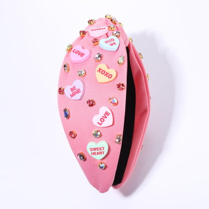 NVENF Valentine’s Day Headband for Women Love Heart Headband Jeweled Crystal Rhinestone Knotted Hairband Red Pink Wide Top Knot Hairband Valentine’s Day Hair Accessories Gifts (Letter 1 - Pink)