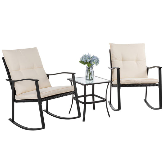 Vongrasig 3 Piece Outdoor Rocking Chair Set, PE Wicker Rattan Small Bistro Set, Front Porch Furniture Rocking Chairs Set of 2, Cushioned Patio Rocker Chair Set with Glass Table (Beige)