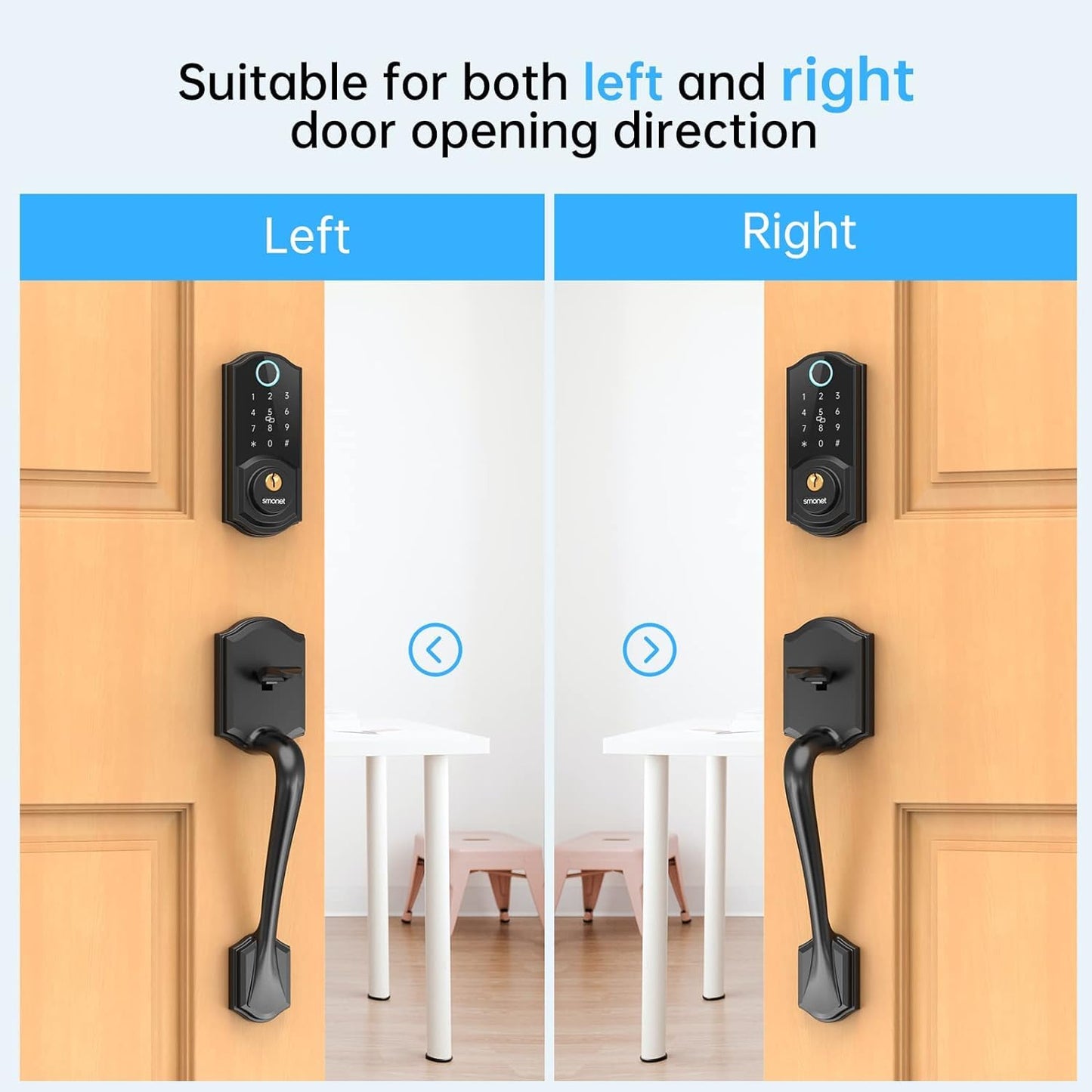SMONET Smart Fingerprint Deadbolt Front Door Lock with Handle - Keyless Entry, Bluetooth, Digital Keypad, Auto Lock, Works with Alexa - Black