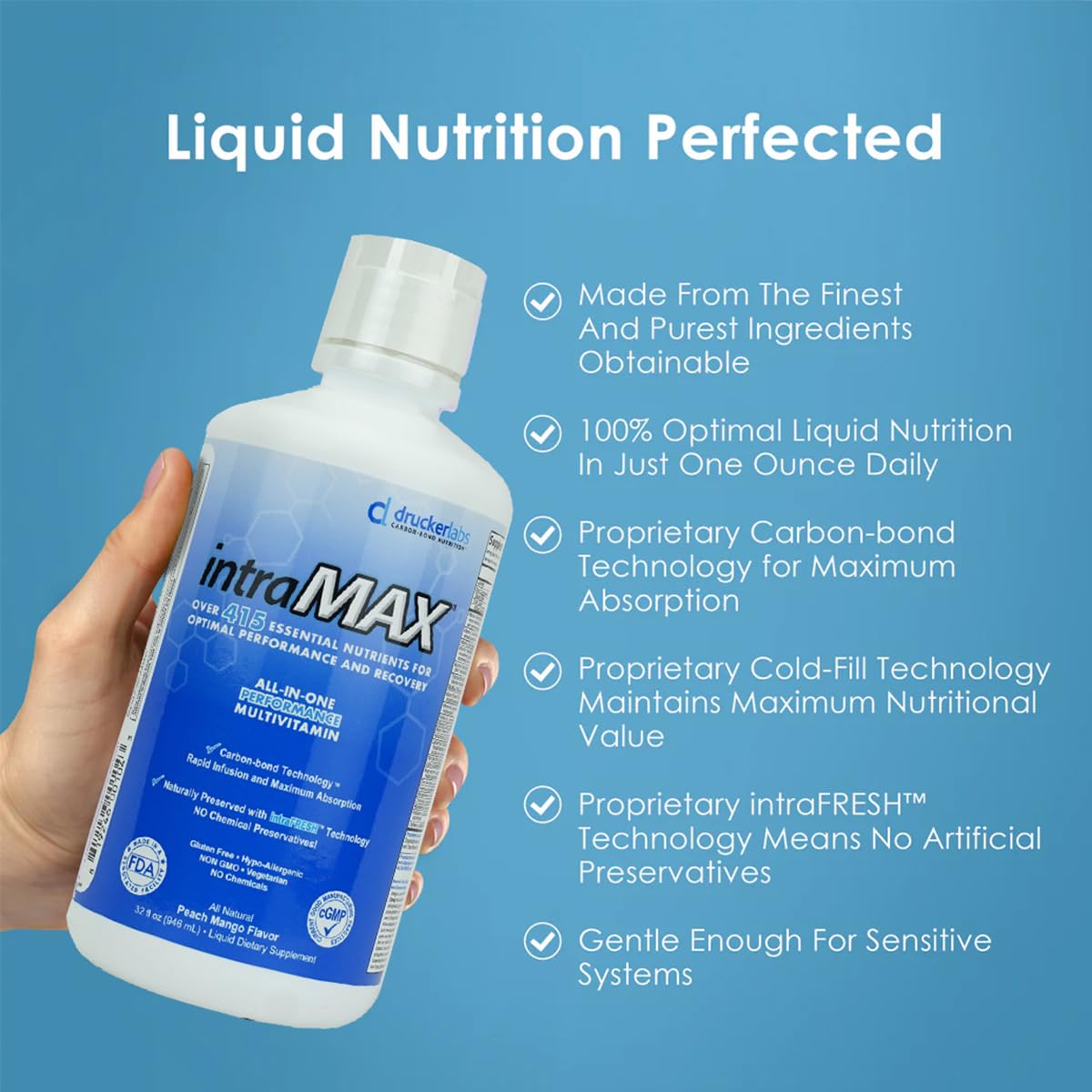 Drucker Labs - intraMAX Organic Liquid Multivitamin, Non GMO, Dairy Free, Gluten Free, Magnesium, Vitamin D, C and E, Zinc (32 oz., Peach Mango)