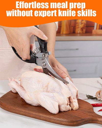 Brigii Kitchen Shears, Stainless Steel Heavy Duty Poultry Shears, Multi-Purpose Kitchen Scissors for Cutting Chicken, Fish, Seafood, and Vegetables, Spring Loaded-KS05Black