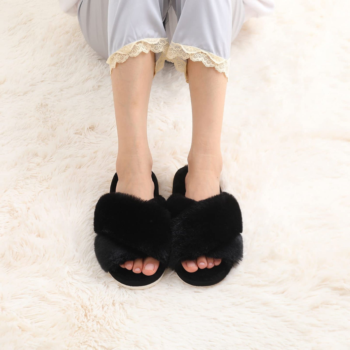 Evshine Women's Fuzzy Slippers Cross Band Memory Foam House Slippers Open Toe, Black, 38-39 (Size 7-8)