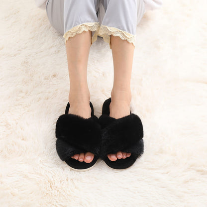 Evshine Women's Fuzzy Slippers Cross Band Memory Foam House Slippers Open Toe, Black, 38-39 (Size 7-8)