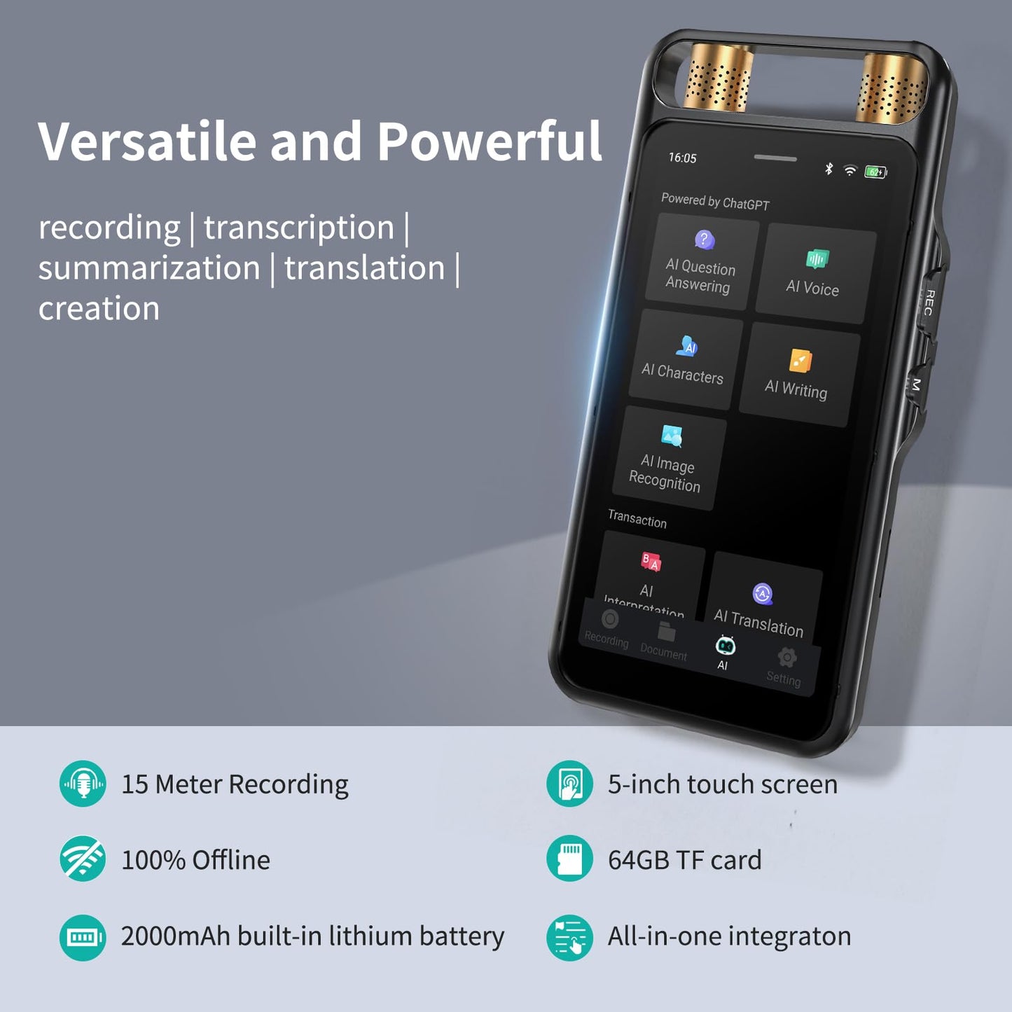 AI Voice Recorder with Playback, Digital Voice Recorder with Transcription to Text, Summary, Translation, Full Touchscreen Recorder Device for Meetings, Lectures, Interviews with 64GB Card