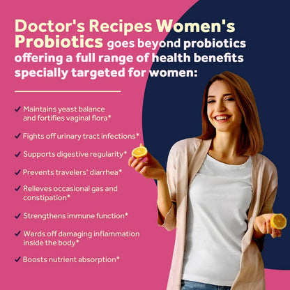 Doctor's Recipes Probiotics for Women, 100 Billion CFU 32 Strains, with Prebiotic Fiber, Enzymes & Cranberry, Vaginal Urinary Digestive & Immune, No Yeast, Shelf Stable, Delayed Release, 30 Caps