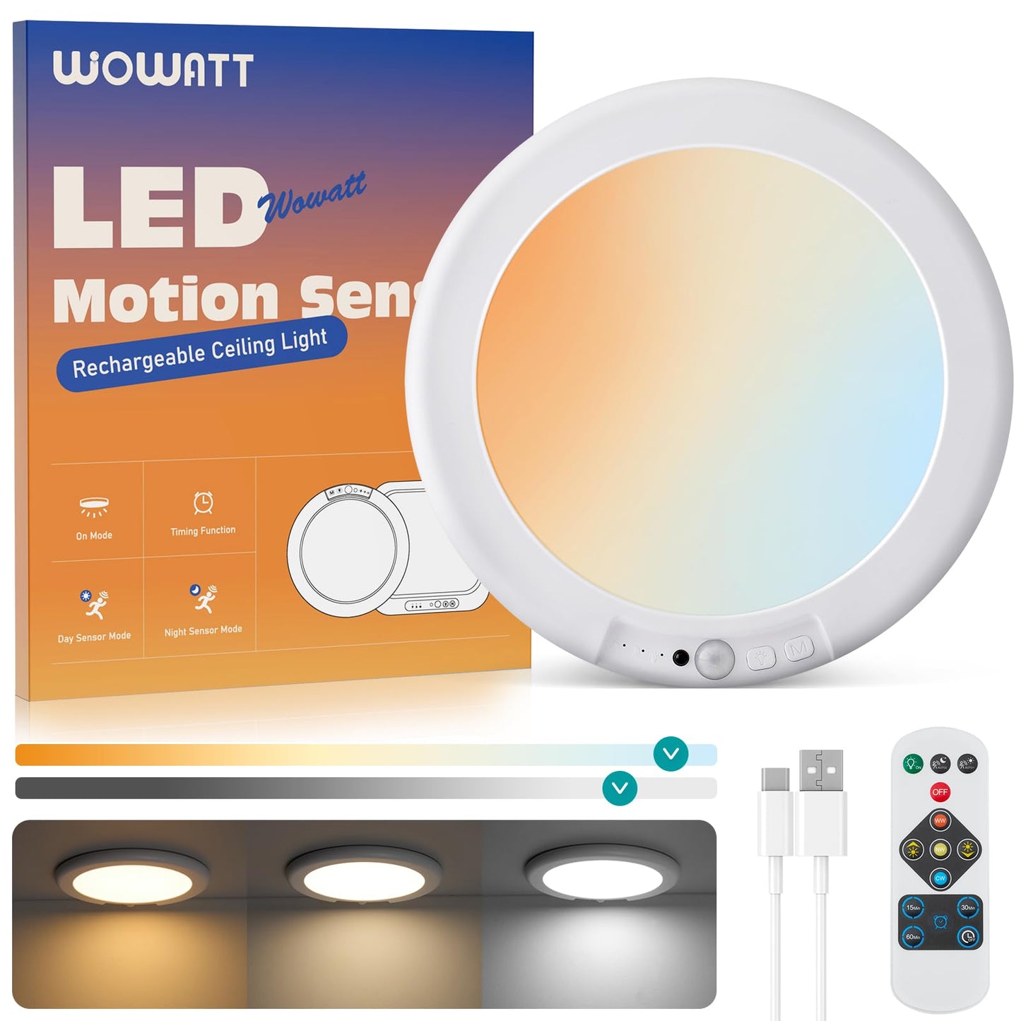 wowatt Battery Operated Ceiling Light Rechargeable Ceiling Lights with Remote Wireless Shower Lighting 3000K 4500K 6500K 7.48in Dimmable Timing Overhead Light for Closet Shower Living Room