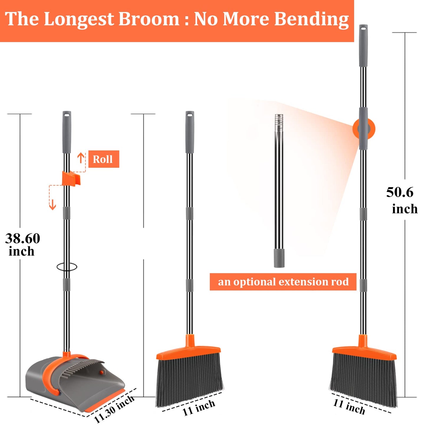 Broom and Dustpan Set for Home, Broom and Dustpan Combo for Office, Long Handle Broom with Upright Standing Dust pan,Indoor&Outdoor Sweeping (Gray&Orange)