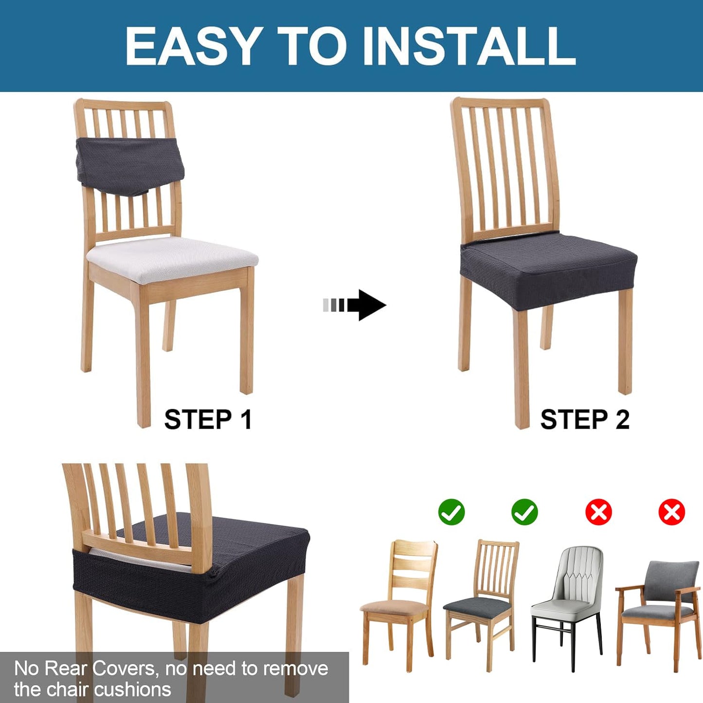 Smiry Waterproof Seat Covers for Dining Room Chairs Set of 6, Stretch Jacquard Removable Washable Chair Seat Slipcovers Protector, No Rear Covers, Dark Grey