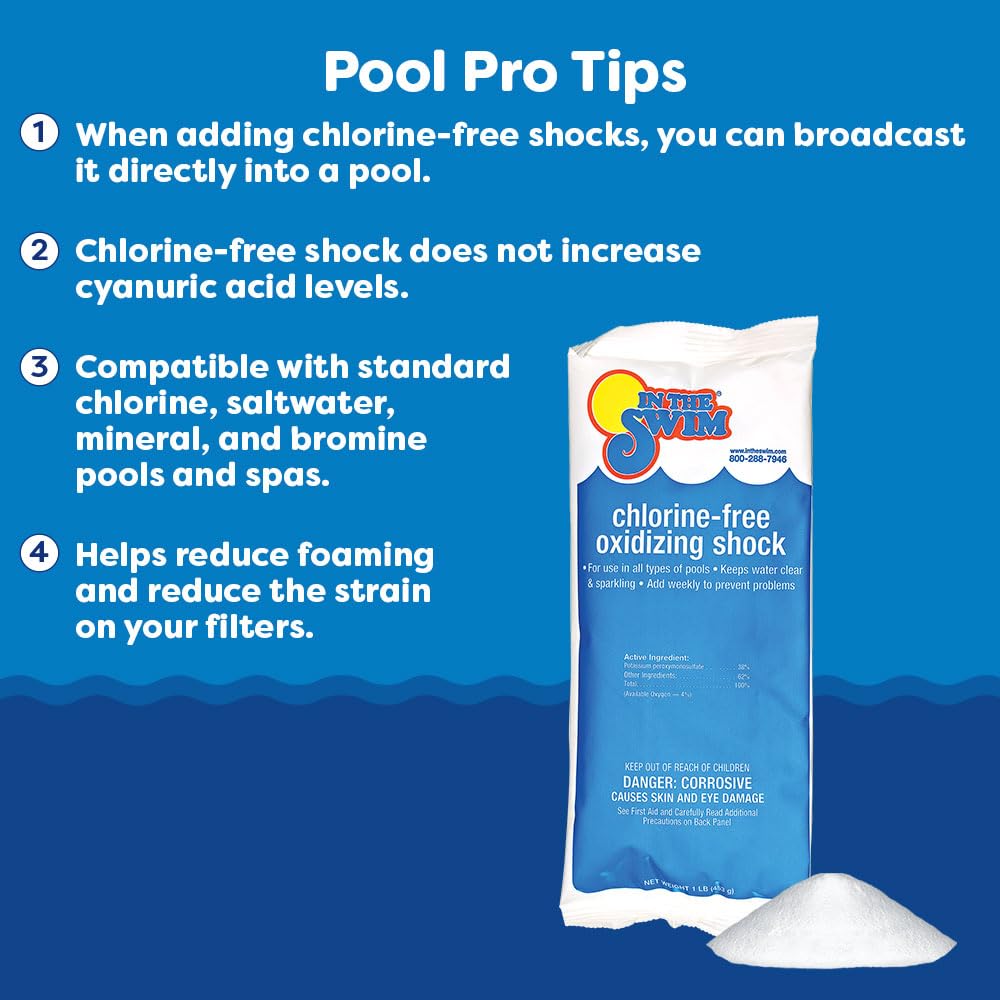 In The Swim Chlorine-Free Pool Shock – Quick Dissolving, Fast-Acting, Shock-Oxidizer for Swimming Pools, Spas, and Salt Chlorinated Pools Compatible - 12 x 1 Pound Bags