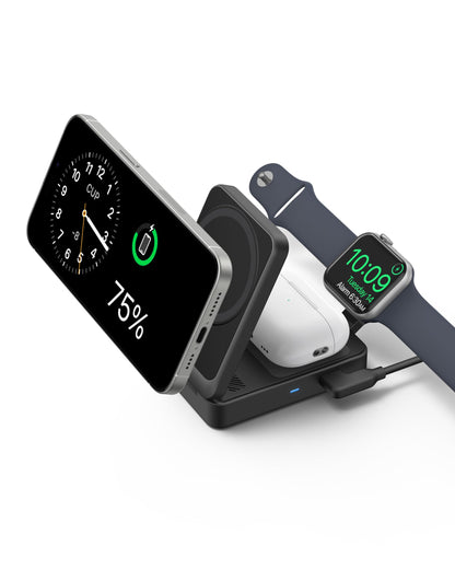 Anker MagGo 3 in 1 iPhone 16 Charging Station, MagSafe-Compatible Wireless Charger Stand, Qi2 Certified 15W Foldable Charger for iPhone 15/14, AirPods, Apple Watch 9 (40W USB-C Adapter Included)